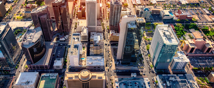 Aerial view of skyscraper buildings in Phoenix, Arizona